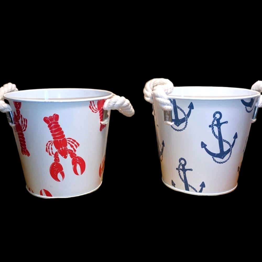 Red Lobster & Blue Anchor Sea Ocean Lover White Planter Pails with Rope Handles